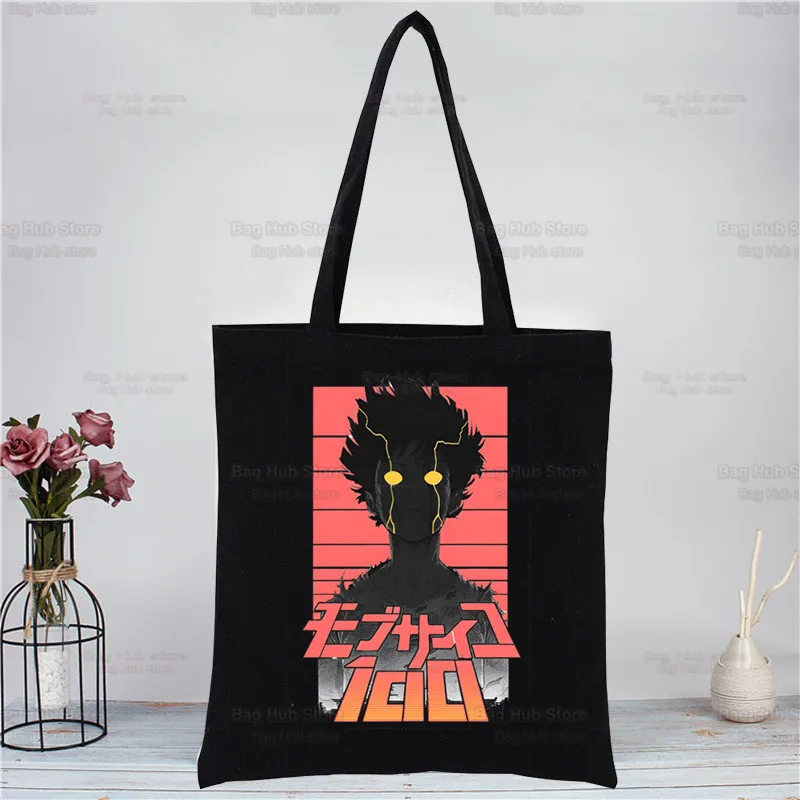 

Mob Psycho 100 Manga Tote Bag Shopping Black Unisex Travel Shigeo Kageyama One Anime Canvas Bags Eco Foldable Shopper Bag