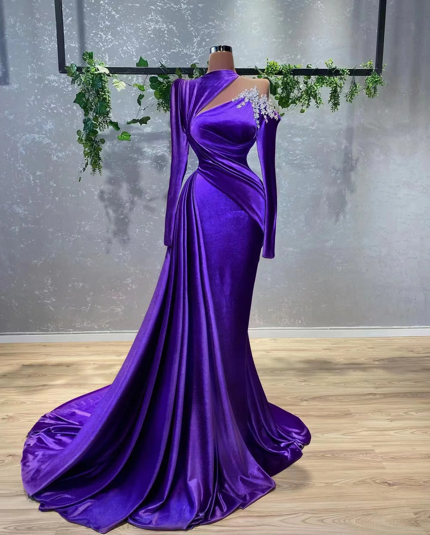 

Фиолетовые элегантные вечерние платья для женщин, вельветовое платье с бисером, блестками, длинным рукавом, вечернее официальное платье с ю...