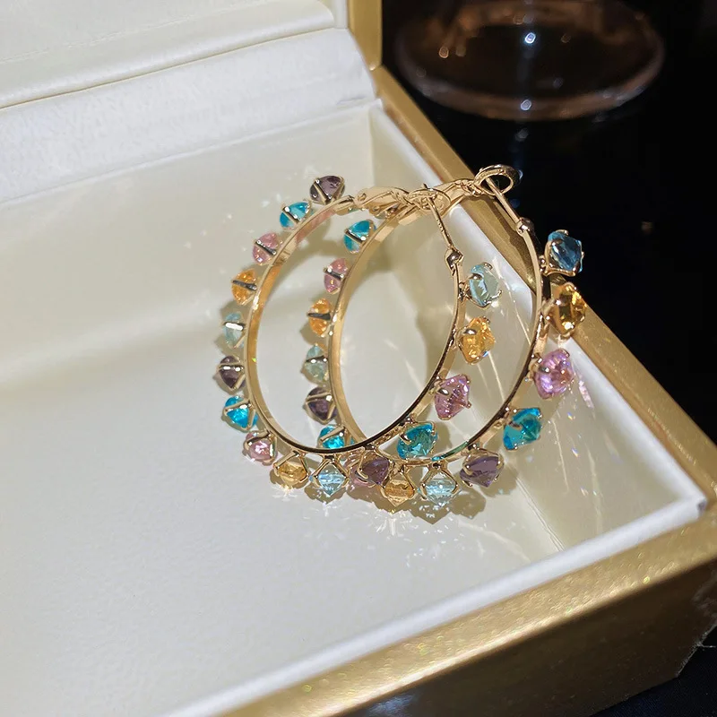 

YAMEGA Gold Colorful Cubic Zirconia Beads Hoop Earrings For Women Statement Crystal Round Drop Earrings Fashion Korean Jewelry