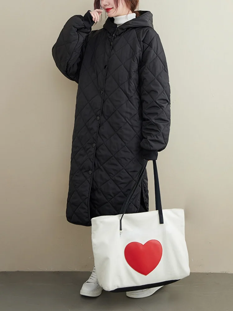 

Women's Winter Coats Single-breasted Black Loose Lingge Long Jackets for Women 2022 Warm Casual Vintage Coat Women Quilted Coat