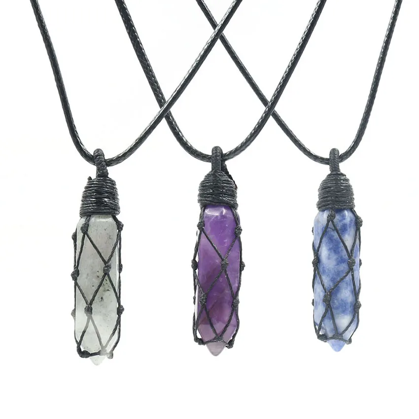 

XSM Healing Hexagonal Crystal Point Pendant Necklace Wax Rope Wrapped Unisex Adjustable Dainty Natural Stone Pendulum Amulet