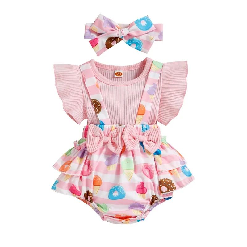

0-18M Baby Girls Outfits Fake 2Pcs Suspender Bowknot Patchwork Donut/Flower Printed Ruffle Triangle Romper with Headband Set