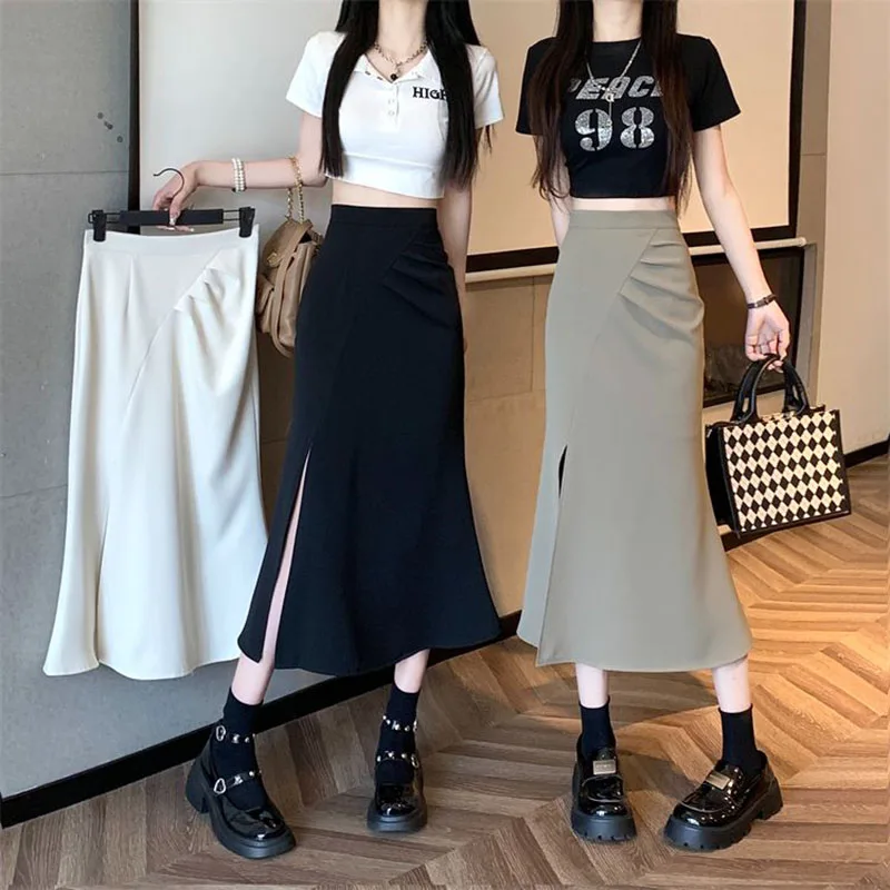 

Lucyever Korean Style Mermaid Skirts Women Fashion High Waist Split Office Lady Long Skirt Summer Elegant Slim Fit Midi Skirts