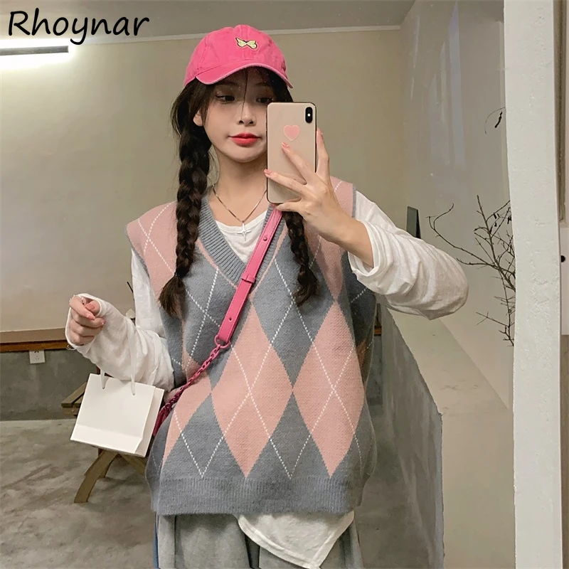 

Sweater Vest Women Argyle Loose Preppy Style Fashion Teens Streetwear Cool Young Retro Mujer Kawaii Ulzzang Spring Girlish New