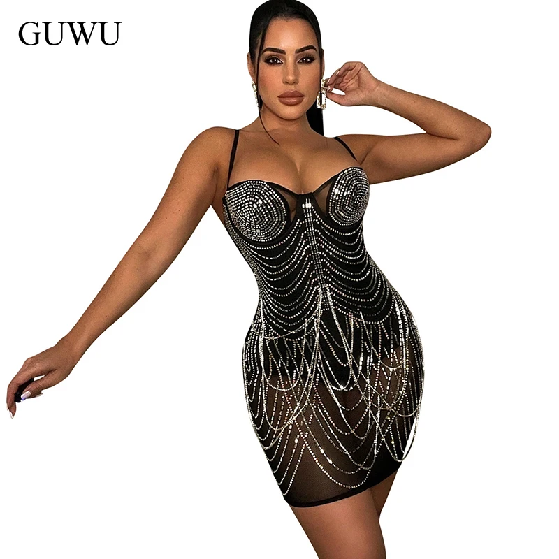 

GUWU кисточки Стразы бриллианты облегающие вечерние мини платья сексуальные ночные Клубные обтягивающие летние женские 2022 прозрачные сетча...