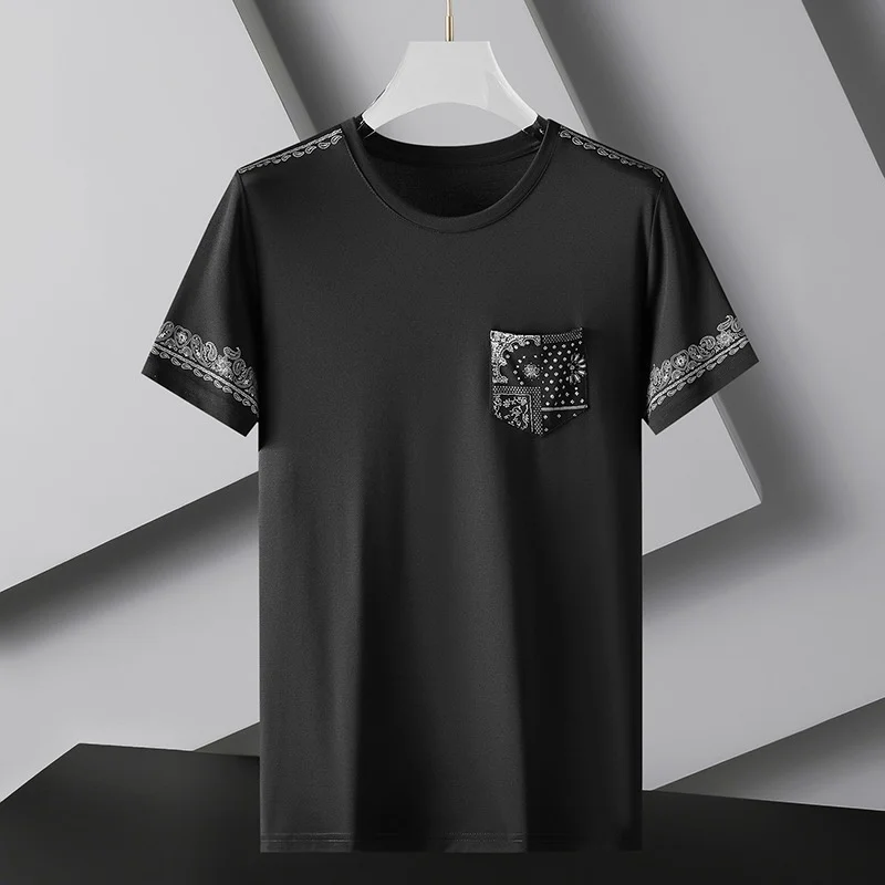 

quality High fashion cashew blossom short sleeve t-shirt men's 2023 summer new loose large handsome round neck printed top