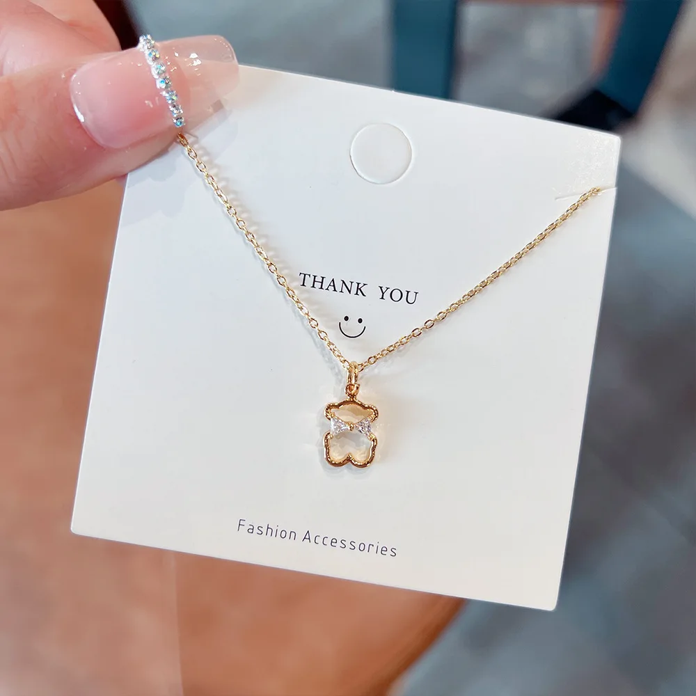 Bow Hollow Bear Zircon Bowknot Nimble Lucky Love Heart Mother's Day Pendant Necklace Woman Girl Wedding Blessing Jewelry