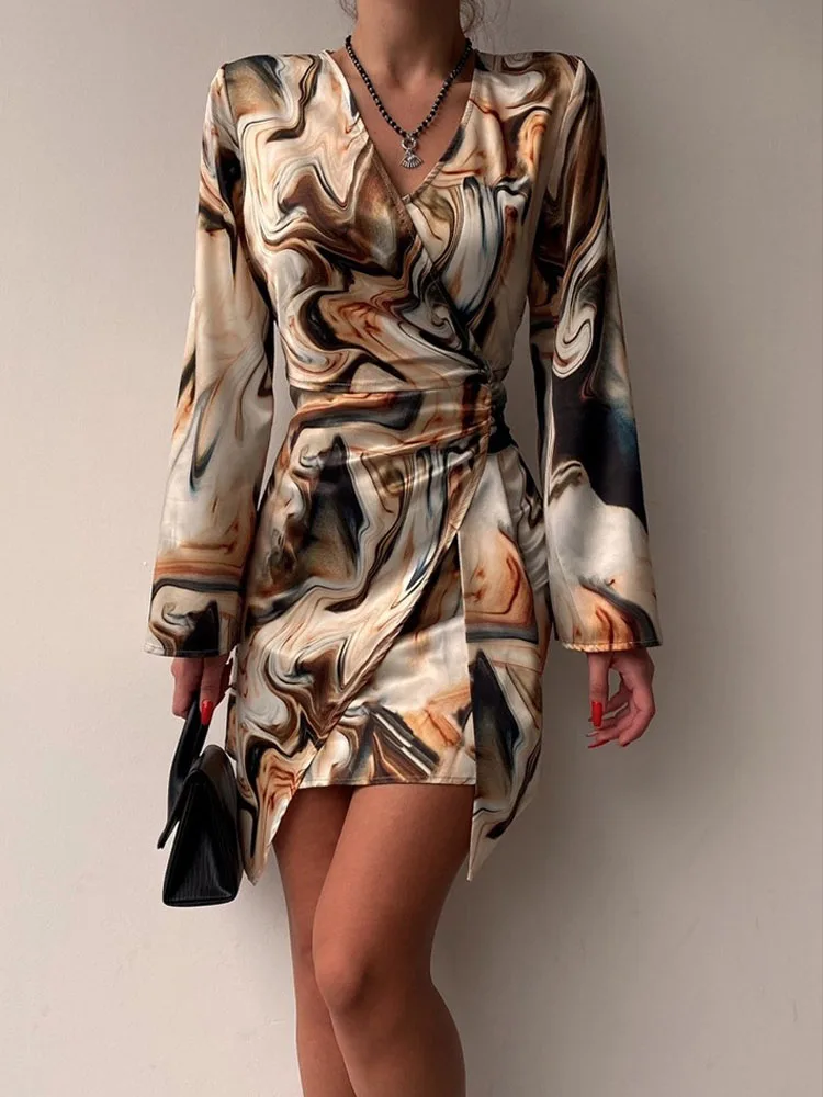 

Elegant Women V Neck Long Sleeve Party Dress Lady Wrap Short Dress Vintage Printed Slim Mini Dress Vestido