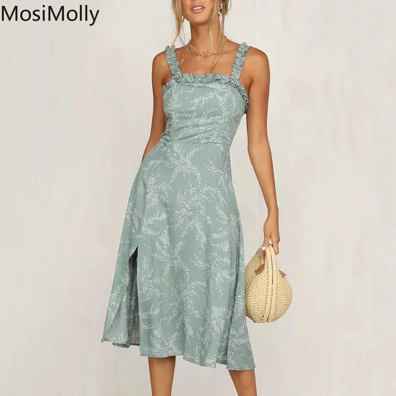 

MosiMolly Chic Dress Split Dress Women 2022 Summer Sundress Midi Dress Ruffle Strap Boho Beach Dress Female Vestidos