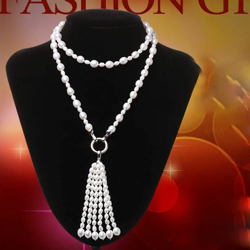 

Fashion new 8-9mm & 3-4mm white freshwater rice pearl tassel pendant necklace long 75+15cm