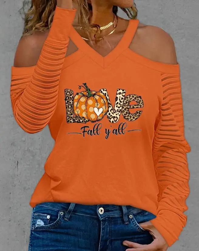 

Halloween Fashion Woman Blouse 2023 Spring Letter Print Cold Shoulder Sheer Mesh Casual Long Sleeve Tee Top Graphic T Shirts
