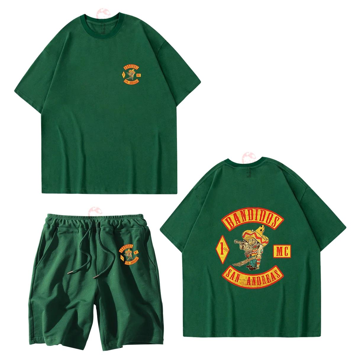 Cotton Men's T-shirt Set 2023 New Retro Contrast Color Bandidos Printing Casual Street Japanese Style Neutral Sports Pants Set