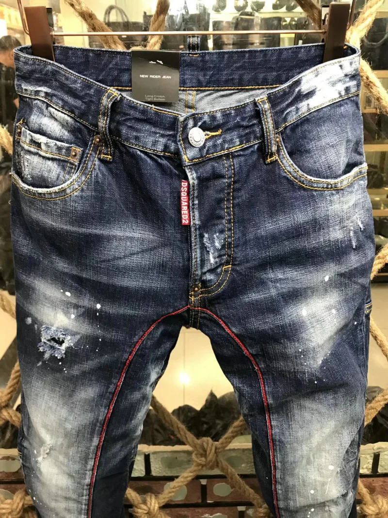 New Men's Dsquared2 Buttons Jeans Ripped For Male Skinny  Pants Men's Denim Trousers Top Quality Slim Jeans A177