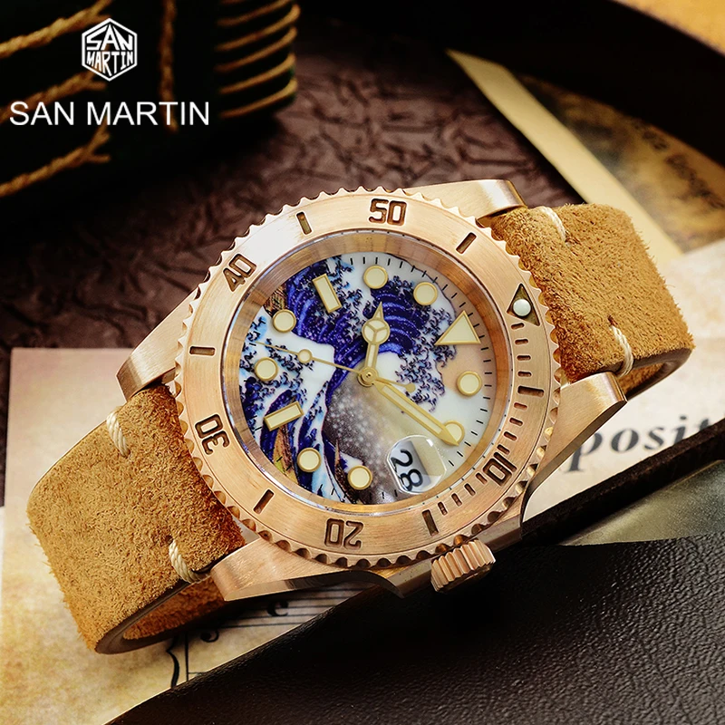 

San Martin Bronze Diver Watch Water Ghost 3D Printing Surfing Dial Sapphire Crystal Mens Mechanical NH35A Men Automatic Watch