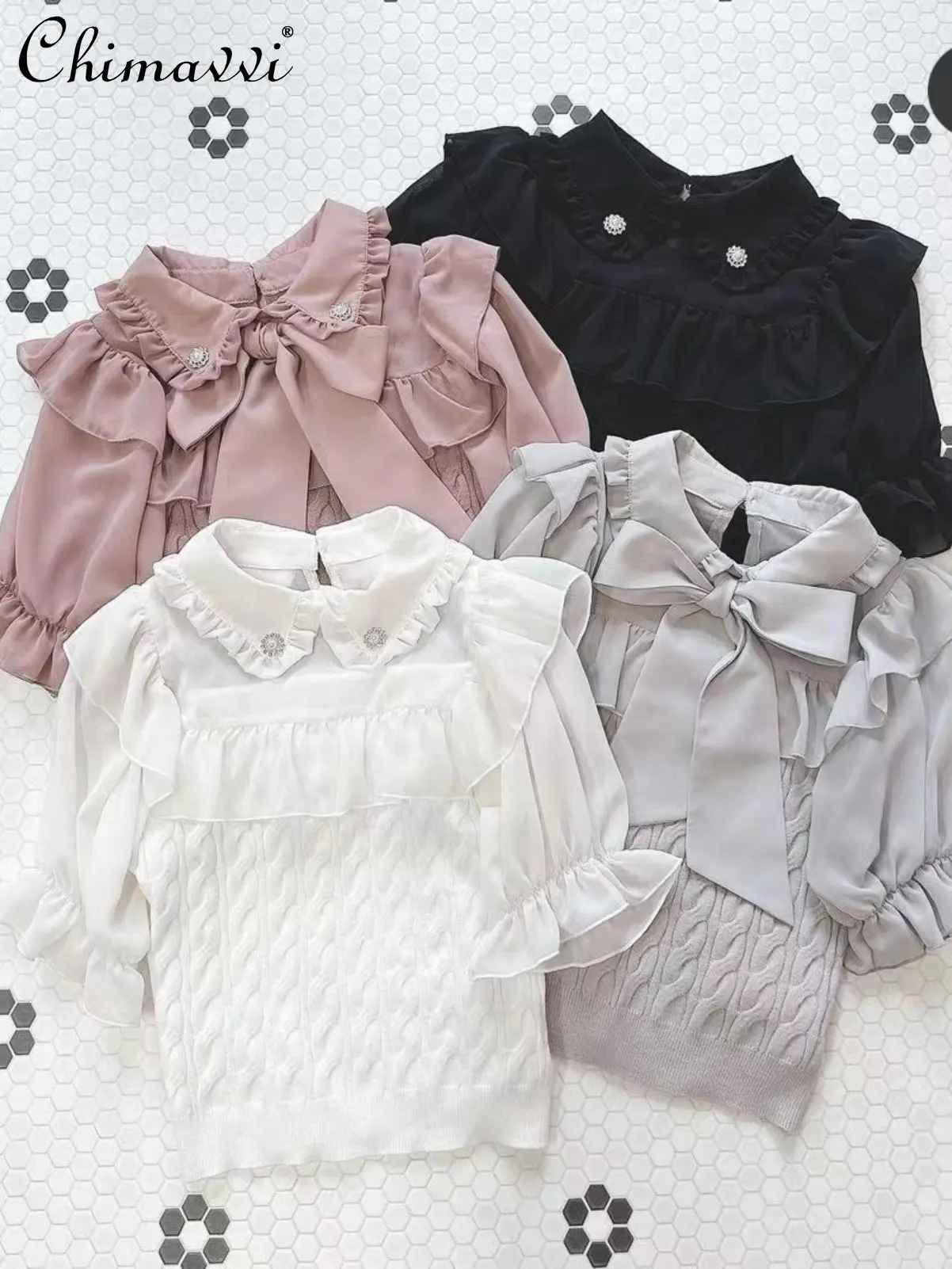 

Женская рубашка с воротником «Питер Пэн», трикотажная блузка составного кроя с большим бантом, в японском стиле, весна-лето 2023