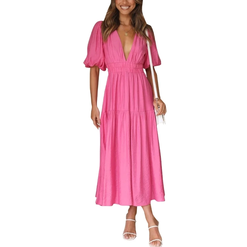 

M89E Puff Short Sleeve Tube Top Dress Solid Color Long Dresses Bodycon Womens Dresses
