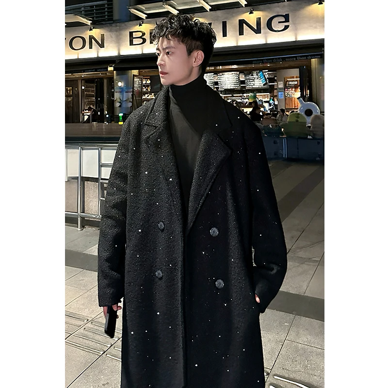 Shiny thick trench coat chic sequin autumn winter men's warm woolen casual double breasted long overknee