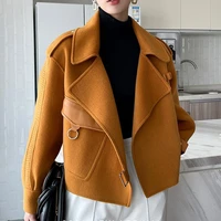 womens spring coat 2022 pockets solid loose short jackets ladies wool blends high street fashion woolen coats for women