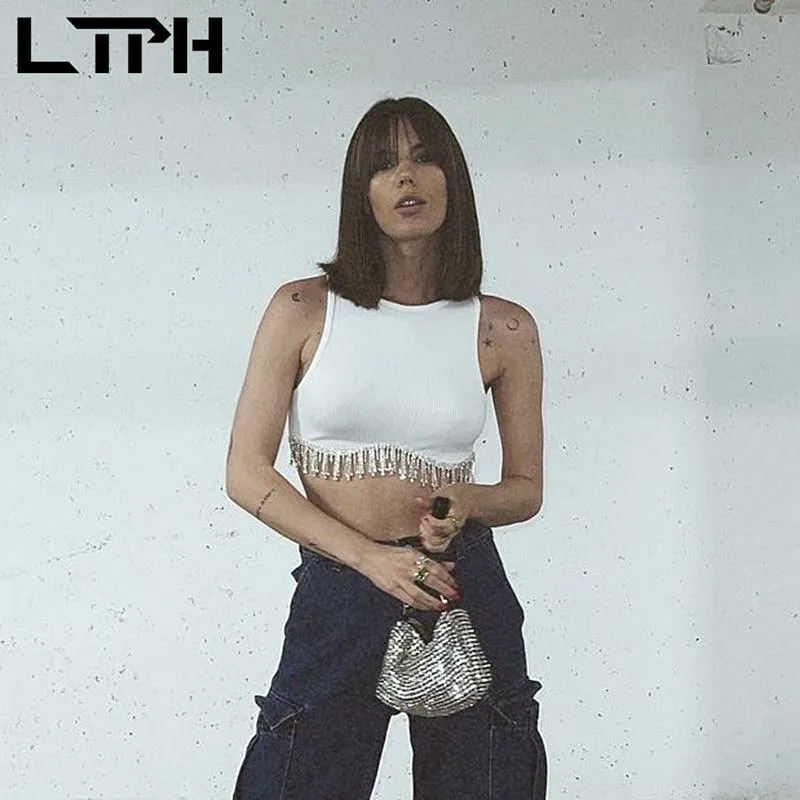 

LTPH white tank crop top women light luxury jewelry setting tassel seamless camisole corset tops sexy streetwear 2022 summer new