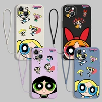 cute cartoon powerpuff girls for apple iphone 13 12 11 pro max mini xs xr x 8 7 6s 6 plus liquid rope with lanyard phone case