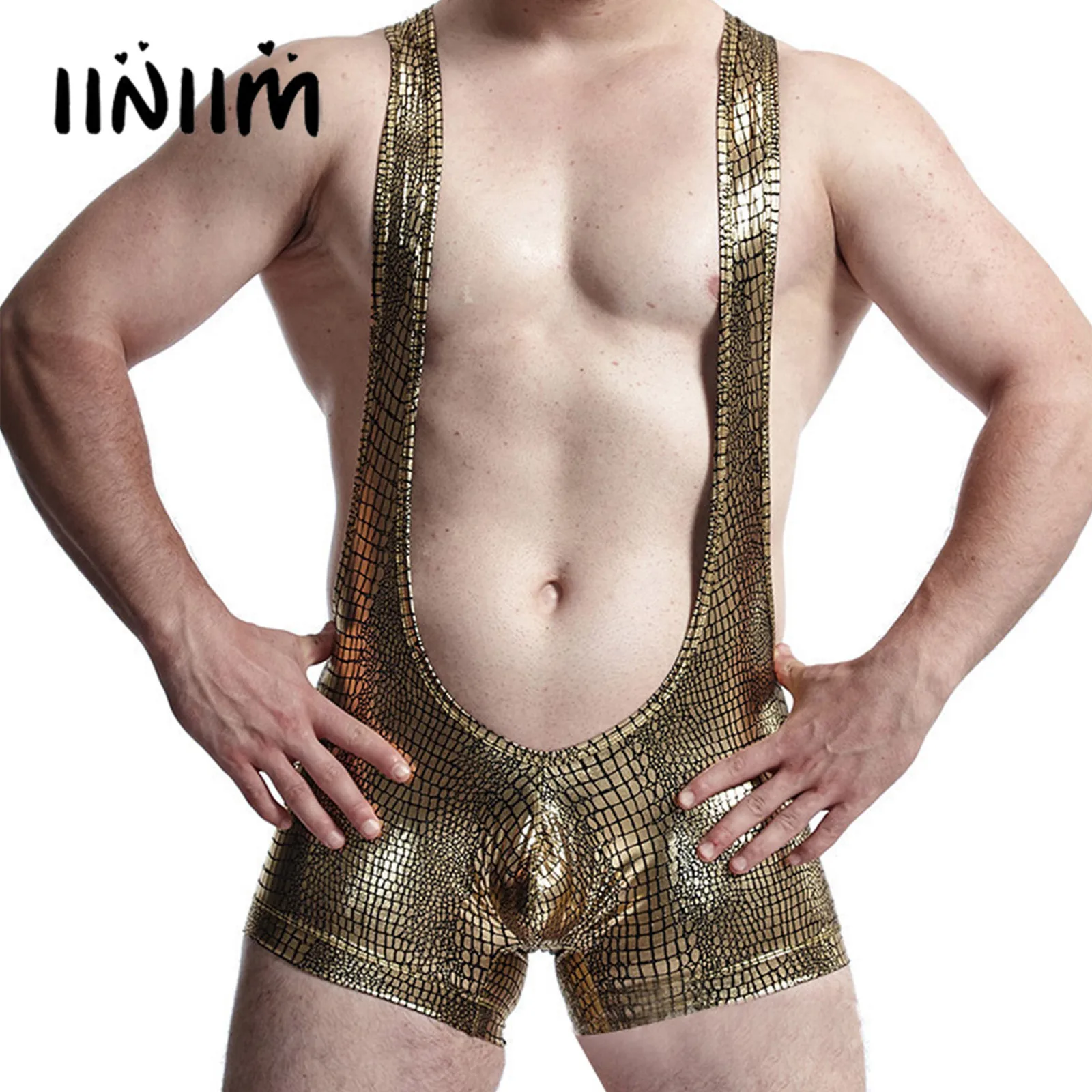 

Mens Sleeveless Open Back Bulge Pouch Bodysuit Shorts Straps Suspender Shorts Jogging Fitness Wrestling Jumpsuit Underwear