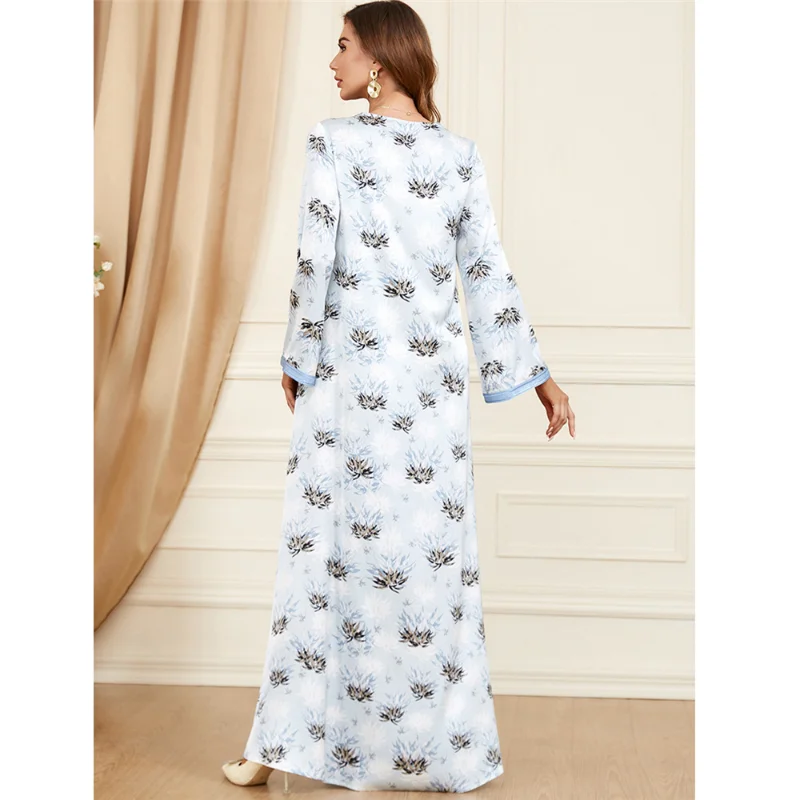 Ramadan Eid Fashion Modest Dress For Woman V-Neck Lace Tape Button Plant Print Muslim Dresses Long Sleeve Abaya Turkey New 2023
