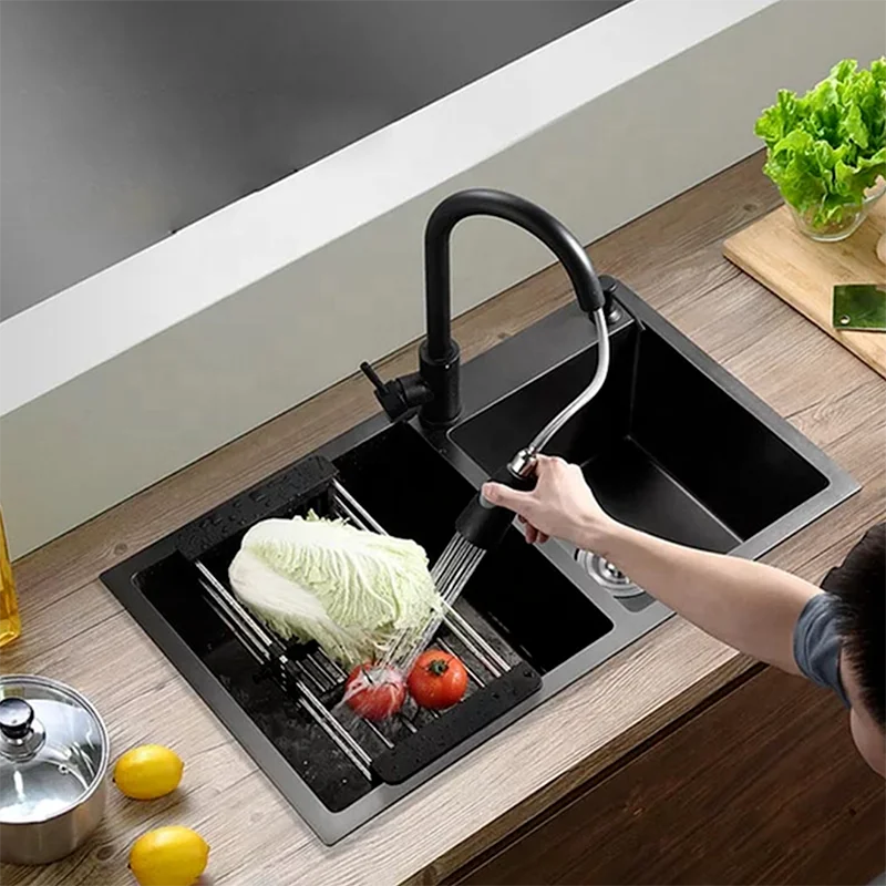 Black Kitchen Sink Drainboard Stainless Steel Under Counter Mixer Taps Sinks Water Pipe Cocina Accesorio Kitchen Accessories YQ