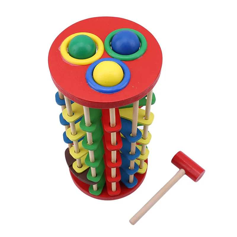 

Hot Selling Creative Pound and Roll Wooden Tower with Hammer Knock the Ball Rolling Off Ladder Early Education Baby Toys