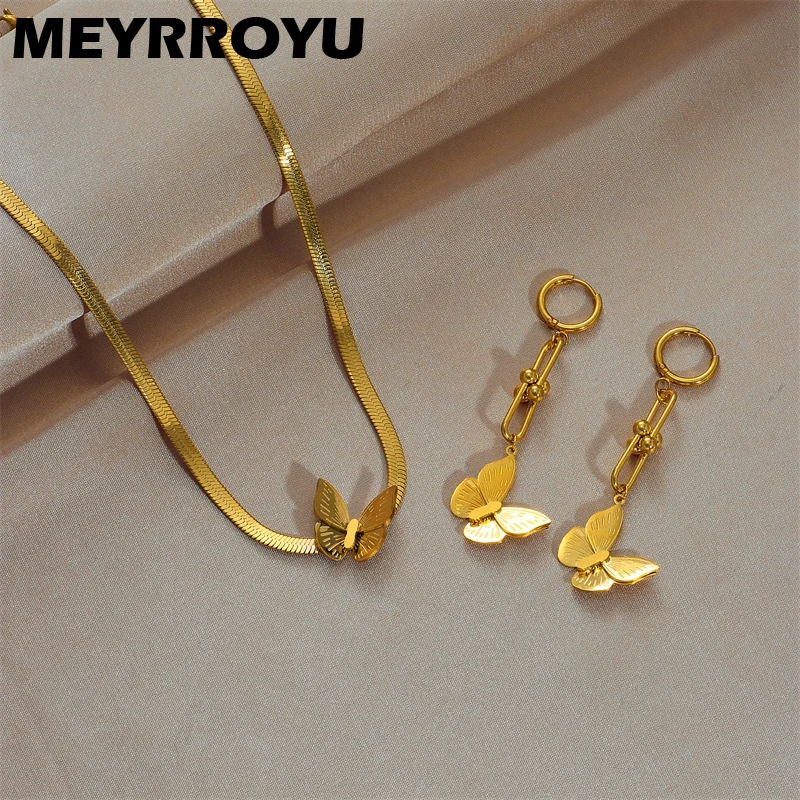 

MEYRROYU 316 Stainless Steel Gold Color Butterfly Snake Chain Jewelry Sets For Women Necklace and Earrings Party Gift