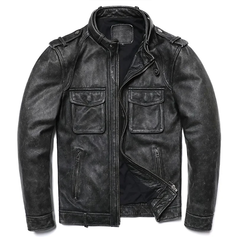 

2023 New Grey Vintage Genuine Leather Jacket Men's Natural Cowhide Motorcycle Biker Slim Fit Coat Fashion Man Clothing Coats