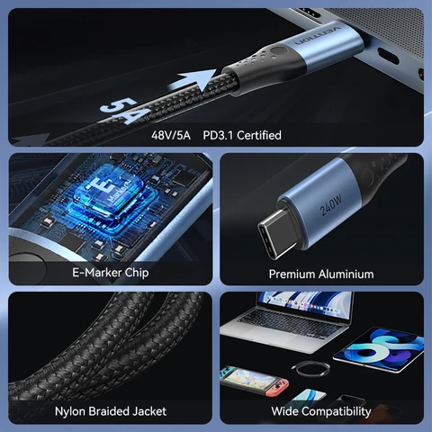 Кабель USB типа C Vention 240 Вт для iPhone 17 16 Samsung S23 Power Line PD3.1 USB C Шнур для Macbook PS5 Nintendo Switch Superchar