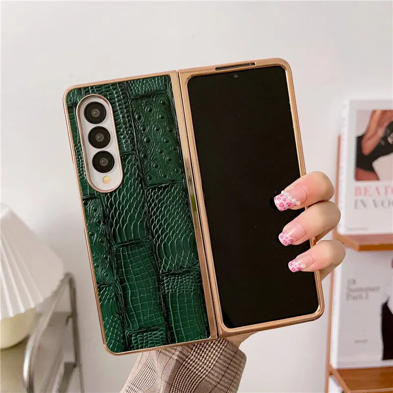 Genuine Cowhide Leather Retro Case for Samsung Galaxy Z Fold 4 Fold4 Glossy Frame Vintage Crcodile Ostrich Grain Splicing Cover