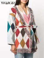 wqjgr high quality winter jacket women wool kniited tassel geometric pattern loose belt full sleeve cardigan sweater women