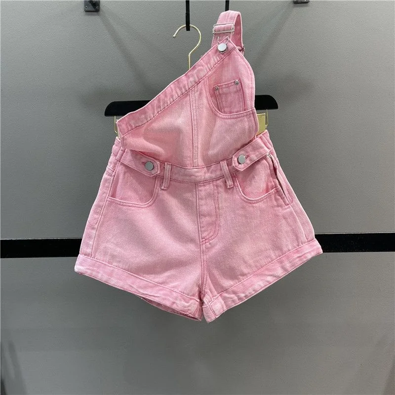 Sweet Cool Spicy Girl One Shoulder Denim Strap Shorts Women's 2023 Summer Age Reducing Slim A-line Wide Leg Pants One Piece Hot