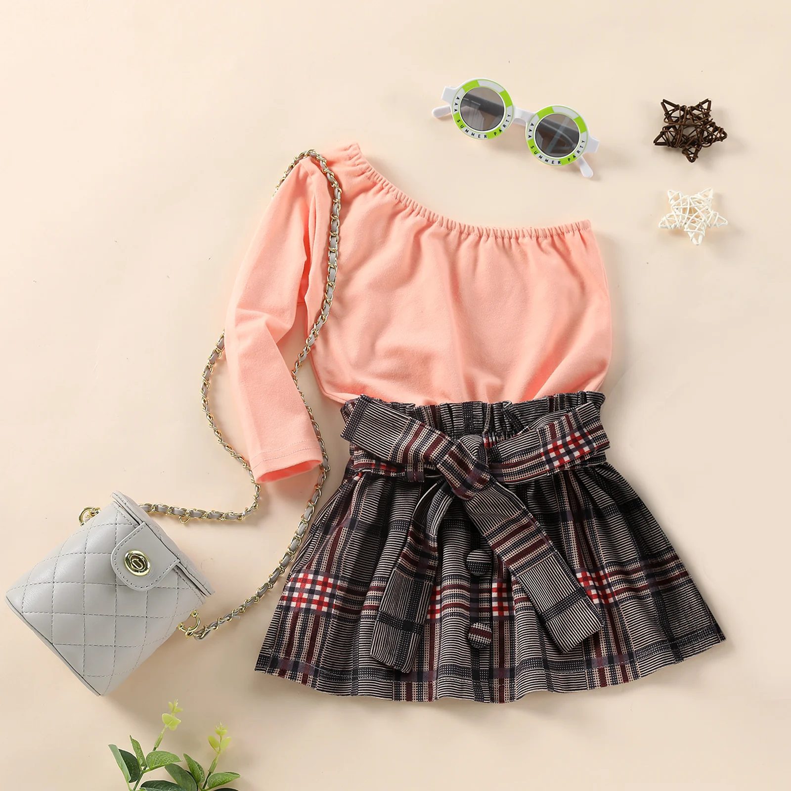 

Pudcoco 2-7Years 2Pcs Toddler Girl\u2019s Outfits Suit Fashion One-shoulder Long Sleeve Tops Plaid Bandage Short Skirt
