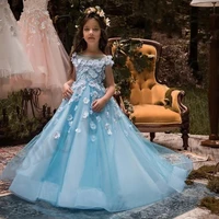 light blue christmas princess flower girl dress beads baby kids wedding party costumes first comunion vestido de comunion