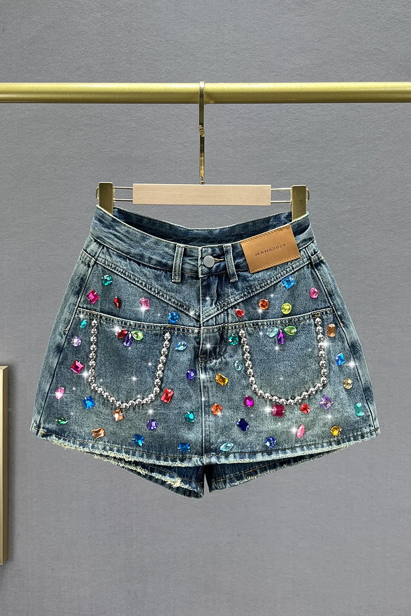 Fashion Denim Shorts Culotte 2023 Spring and Summer New High Waist Exquisite Rhinestone Wide Leg Hot Pants  Shorts for Women