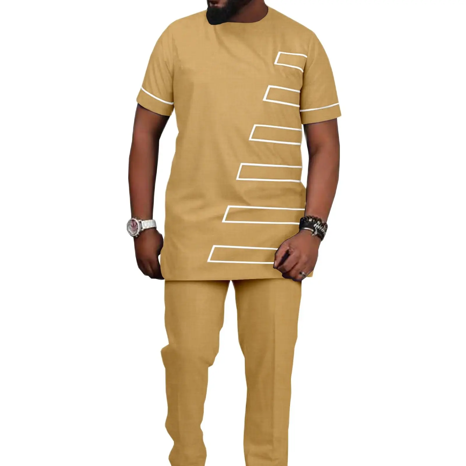 Summer New Men's African Short Sleeve Suit Simple Design O Neck T-shirt + Trousers Two-piece Streetwear Oversized Size