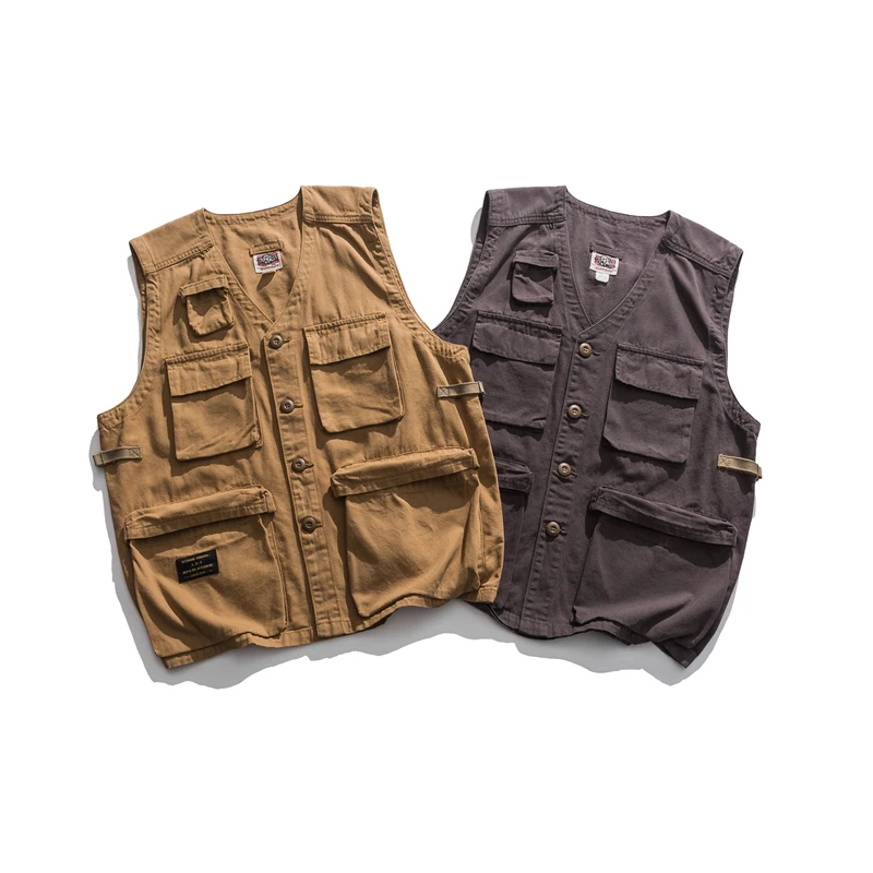 

2022 new Japanese high street tooling multi-pocket vest American functional retro loose casual vest khaki gray