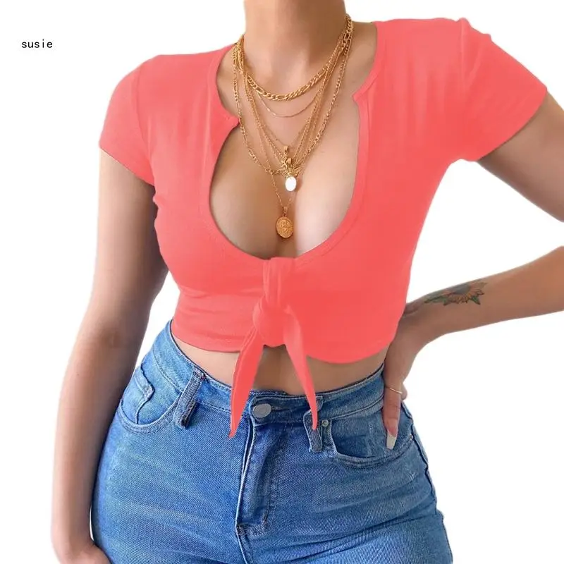 

X7YA Womens Summer Short Sleeve Shirts V-Neck Tie Knot Casual Blouses Tops Sexy Crop Tops Club Party Tops