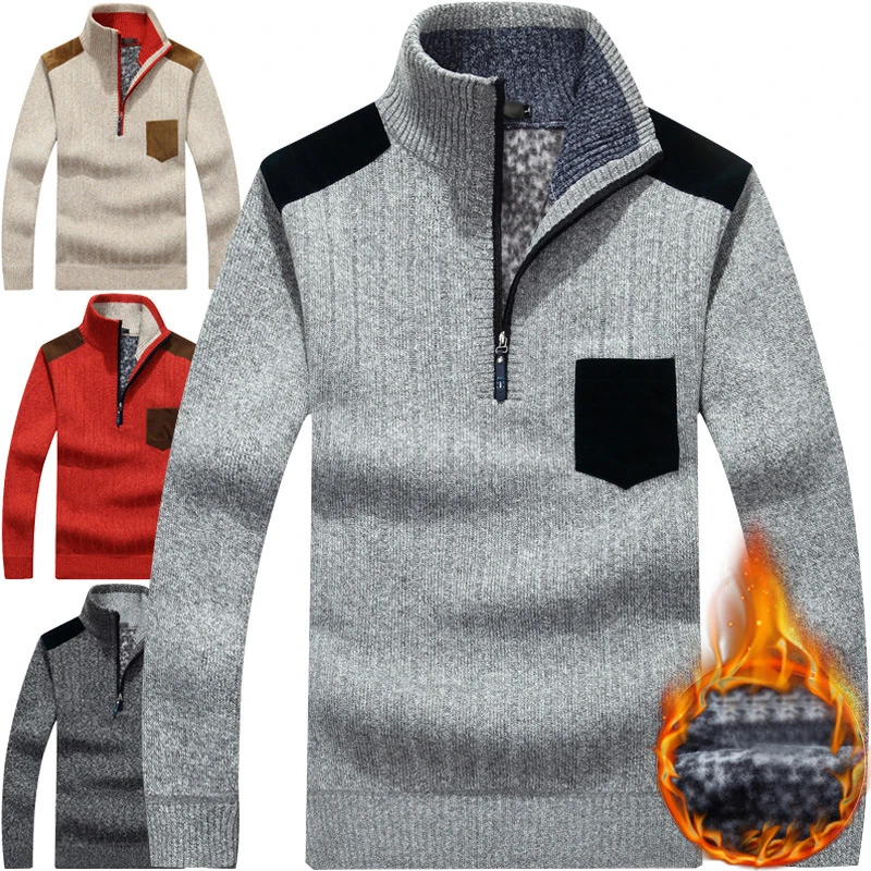 Men's Sweater Plus Velvet Half Zipper Sweater Winter Pullover Thicken Warm Stand Collar Loose Sweater Vetement Homme Men Clothes
