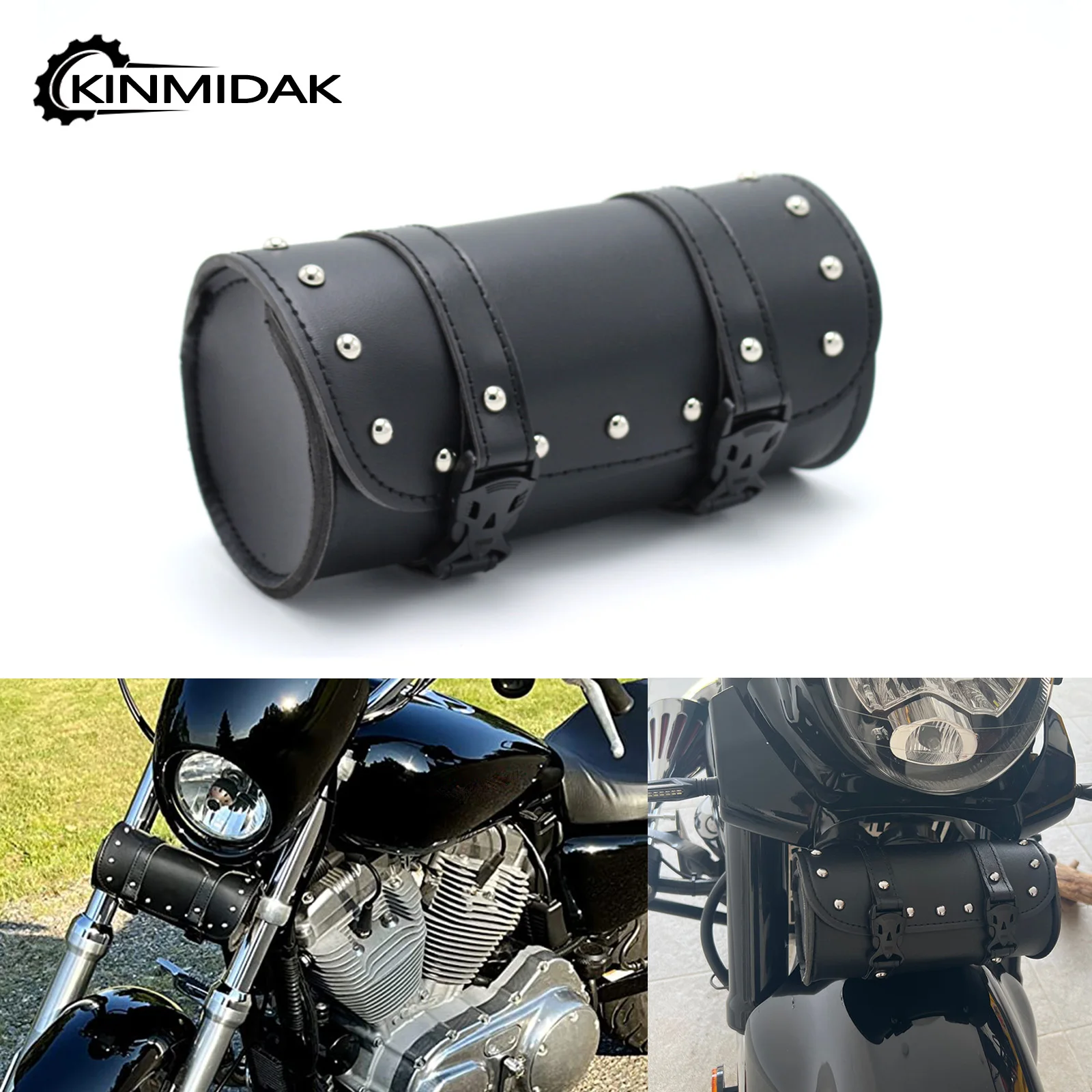 

Motorcycle Handlebar Sissybar Storage Bag With 2 Straps Front Forks Tool Bag PU Leather Black Universal For Harley For Yamaha