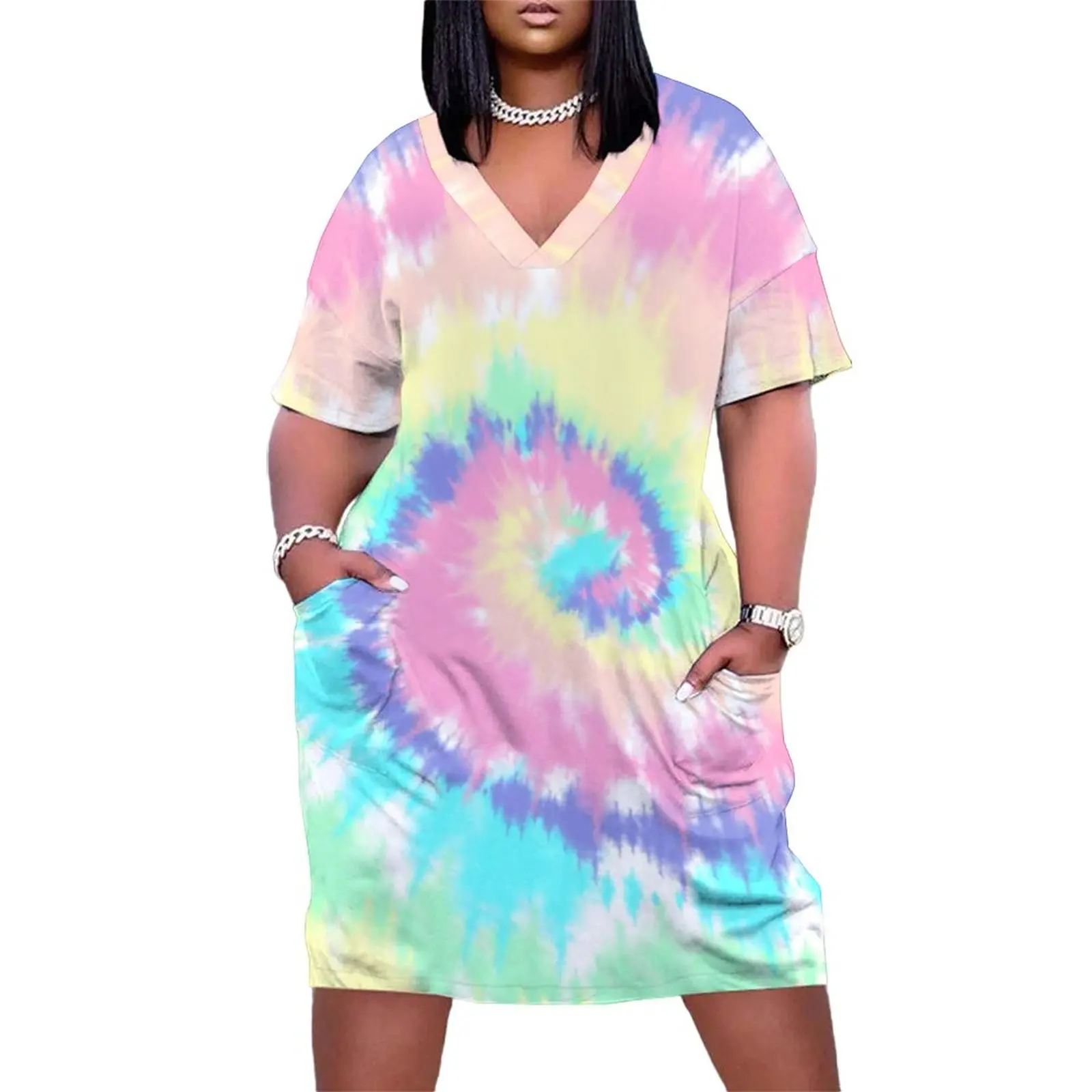 

Tie Dye Rainbow Dress V Neck Colorful Print Aesthetic Dresses Summer Elegant Casual Dress Woman Graphic Plus Size Clothing