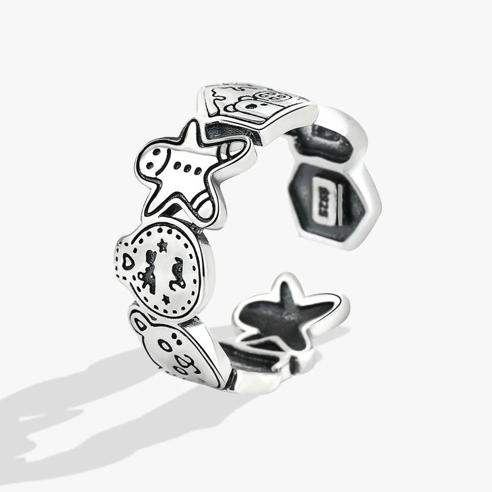 

925 Sterling Silver Eternity Women's Fashion Graffiti Fairy Tale Ring Gingerbread Man Small House Resizable Fashion Jewelry