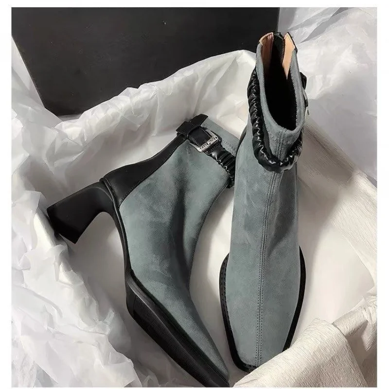 Женские ботильоны на высоком каблуке с квадратным носком модная замшевая