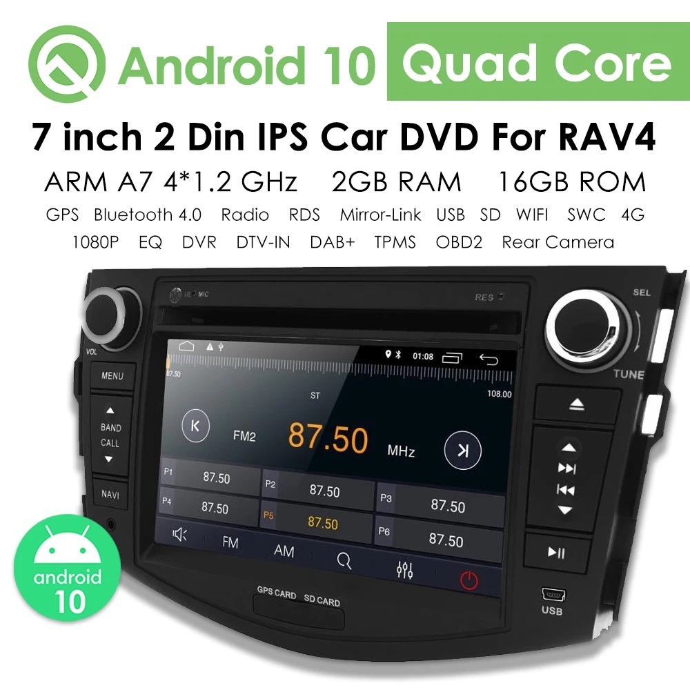 

7'' 2Din Android 10 Car DVD Radio Player Multimedia GPS Navigation For Toyota Rav 4 RAV4 2006-2012 Audio Stereo RDS 2G 16G DSP