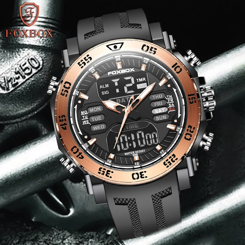 

LIGE Brand Men Military Sport WristWatch FOXBOX Quartz Dual Display Watch For Men Date Clock Silicone Strap Waterproof Watches