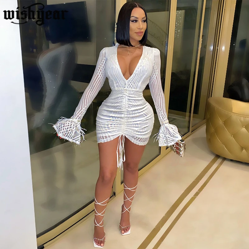 

Sparkling Sequined Bodycon Dress Woman Feather Flare Long Sleeve V Neck Drawstring Mini Dresses Night Club Party Wear Outfits