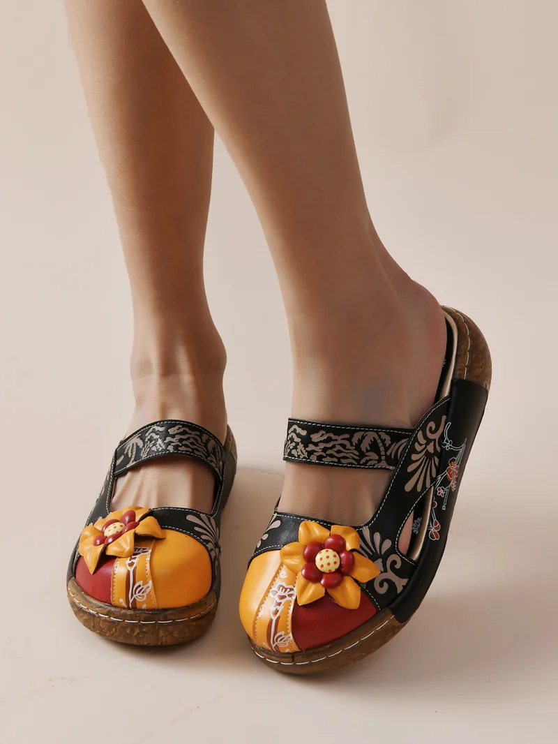 

Casual Vintage Flat Shoes Women Printed Leather Bohemian Summer Beach Shoes Retro Flower Backless Slip-on Flats Zapatos