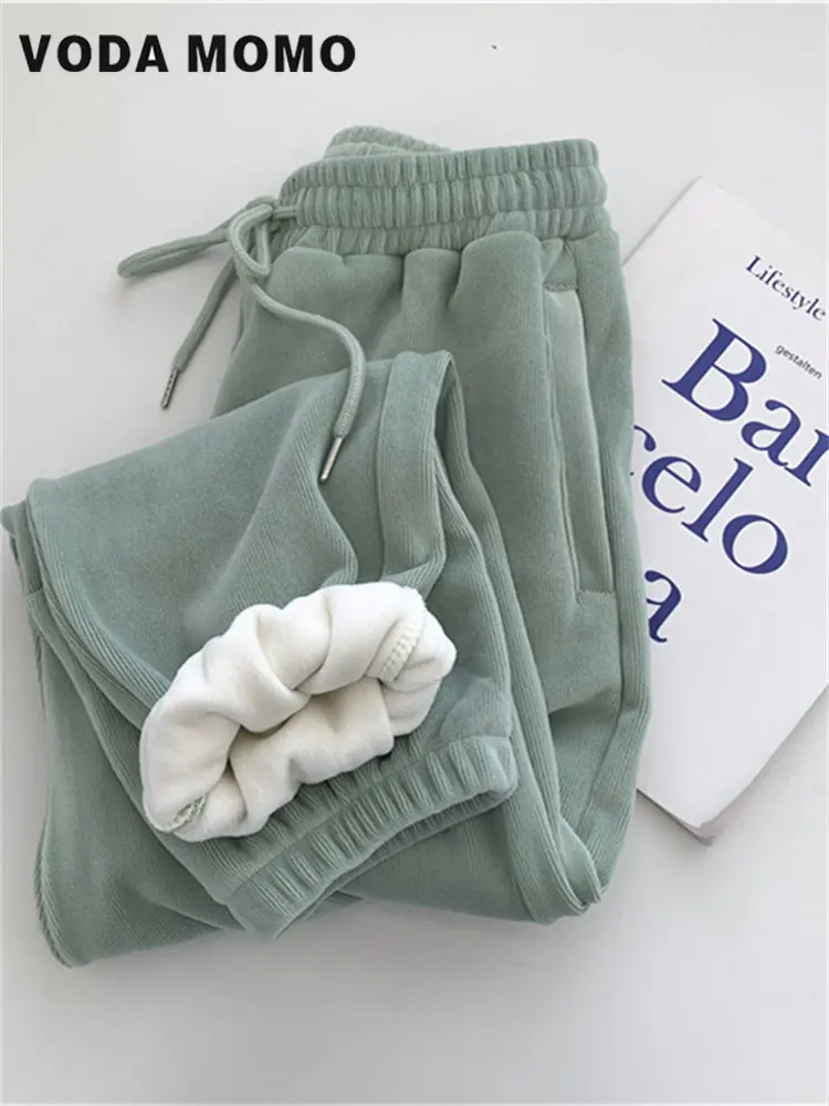 

Осенне-зимние женские модные флисовые утепленные теплые спортивные брюки с высокой талией мешковатые женские стильные нежные эстетичные п...